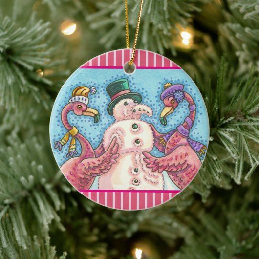 PINK FLAMINGO SNOWMAN, FUNNY CHRISTMAS VRDS KERAMIK ORNAMENT (Baum)