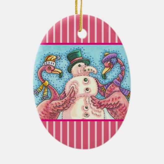 PINK FLAMINGO SNOWMAN, FUNNY CHRISTMAS VRDS KERAMIK ORNAMENT (Hinten)