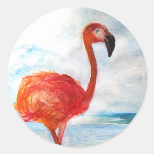 Pink Flamingo Sticker, Flamingo Wasserfarbe Kunst Runder Aufkleber (Vorderseite)