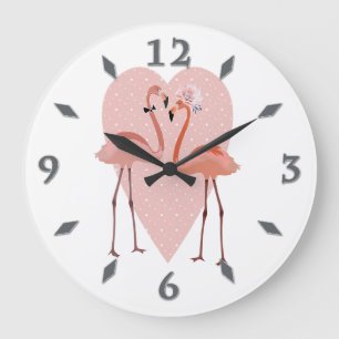 Pink Flamingo stylish heart love Large Clock Große Wanduhr