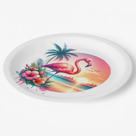 Pink Flamingo Sunset Clipart Pappteller (Schrägansicht)