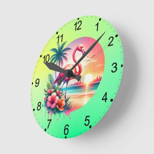 Pink Flamingo Sunset Clipart Runde Wanduhr (Winkel)