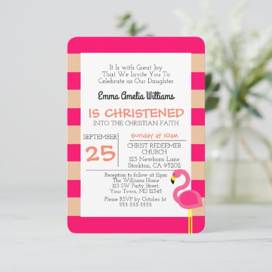 Pink Flamingo Taufe Christening Einladung (Stehend Vorderseite)