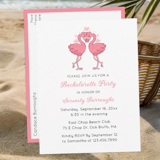 Pink Flamingo Tropical Beach Bachelorette Party Einladungspostkarte
