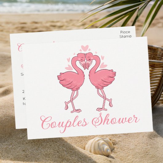 Pink Flamingo Tropical Beach Couples Bridal Shower Einladungspostkarte