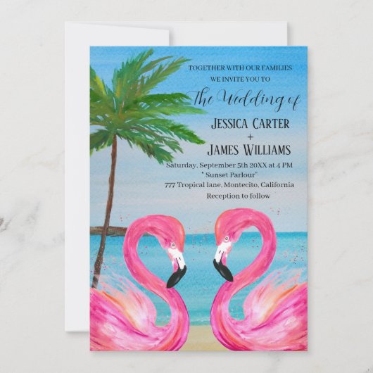 Pink Flamingo Tropical Beach Hochzeit Einladung (Vorderseite)