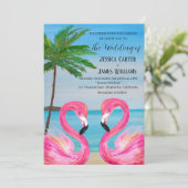 Pink Flamingo Tropical Beach Hochzeit Einladung (Stehend Vorderseite)