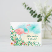 Pink Flamingo Tropical Beach Szene Neue Adresse Ankündigungspostkarte (Stehend Vorderseite)
