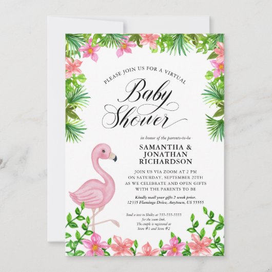 Pink Flamingo Tropical Blume Virtual Baby Dusche Einladung (Vorderseite)