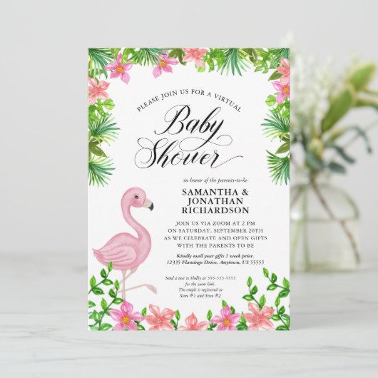 Pink Flamingo Tropical Blume Virtual Baby Dusche Einladung (Stehend Vorderseite)