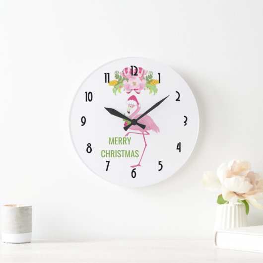 Pink Flamingo Tropical Christmas Große Wanduhr (Zuhause)