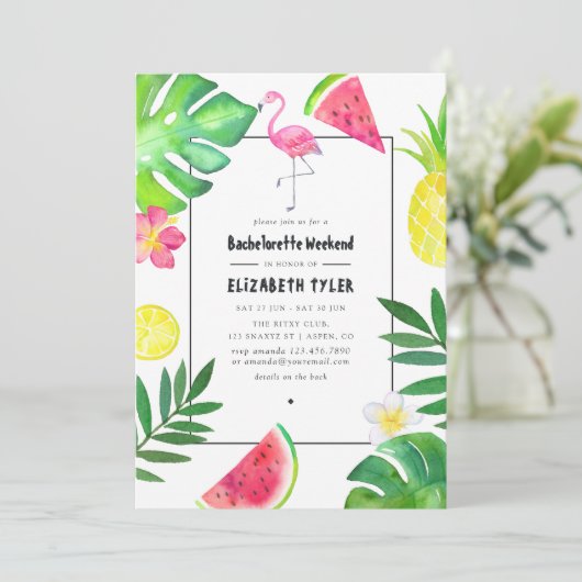 Pink Flamingo Tropical Exotic Bachelorette Wochene Einladung (Stehend Vorderseite)