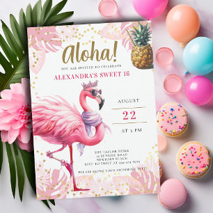 Pink Flamingo Tropical Floral Aloha Party Sweet 16 Einladung