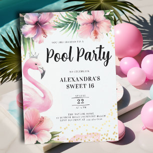 Pink Flamingo Tropical Floral Pool Party Sweet 16 Einladung