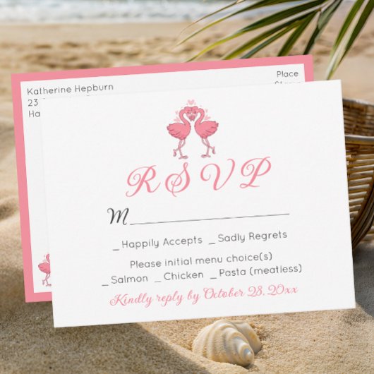 Pink Flamingo Tropical Hawaiian Beach Wedding RSVP Postkarte