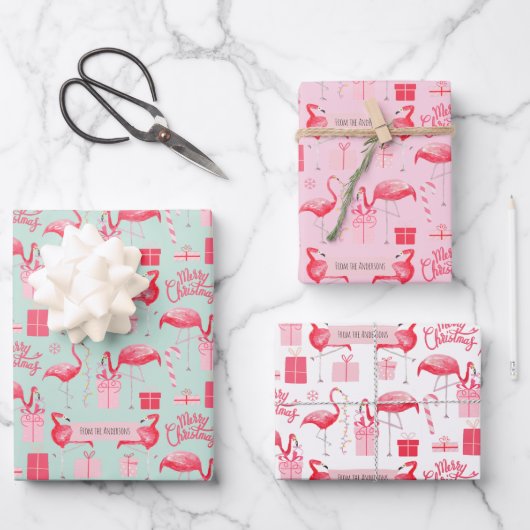 Pink Flamingo Tropical Holiday Retro Pastel Colors Geschenkpapier Set (Vorderseite)