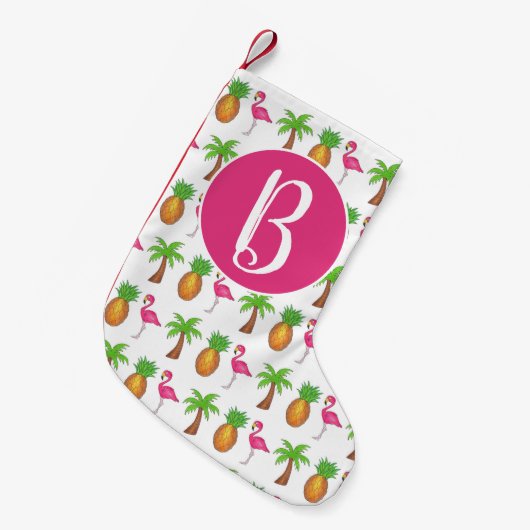Pink Flamingo Tropical Island Palm Tree Ananas Kleiner Weihnachtsstrumpf (Vorderansicht (hängend))