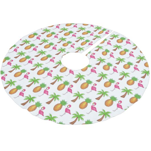 Pink Flamingo Tropical Island Palm Tree Ananas Polyester Weihnachtsbaumdecke (Schrägansicht)