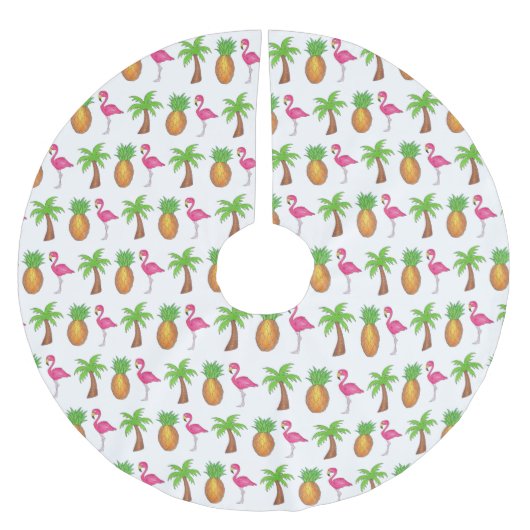 Pink Flamingo Tropical Island Palm Tree Ananas Polyester Weihnachtsbaumdecke (Vorderseite)
