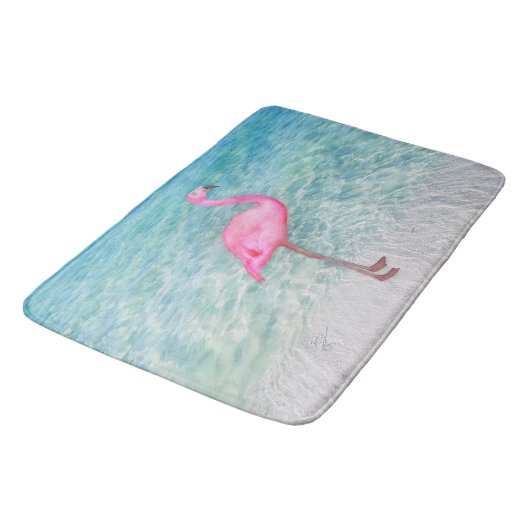 Pink Flamingo Tropical Sandy Beach Moderner Chic Badematte (Schrägansicht)