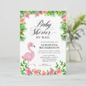 Pink Flamingo Tropical Script Baby Dusche by Mail Einladung (Stehend Vorderseite)