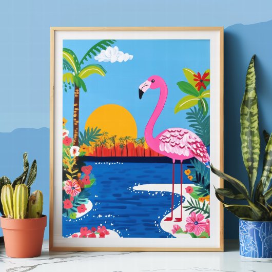 Pink Flamingo Tropical Sunset Beach Wall Art Poster