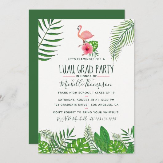 Pink Flamingo Tropical Watercolor Luau Abschluss Ankündigung (Vorne/Hinten)