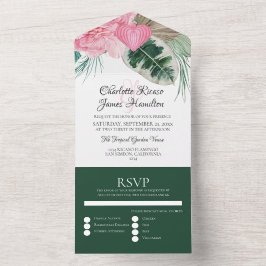 Pink Flamingo Tropical Wedding All In One Einladung (Innen Boden)