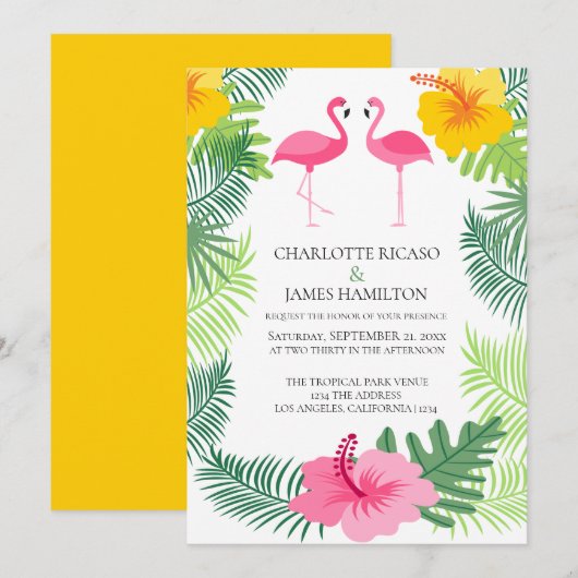 Pink Flamingo Tropical Wedding Personalisiert Einladung (Vorne/Hinten)