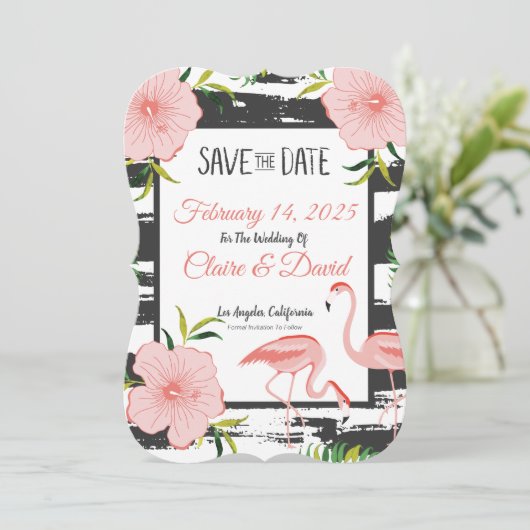 Pink Flamingo Tropical Wedding Save The Date (Stehend Vorderseite)