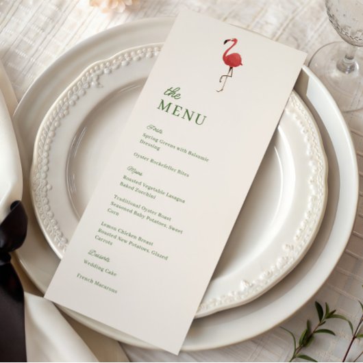 Pink Flamingo Tropics Coastal Wedding Dinner Menükarte