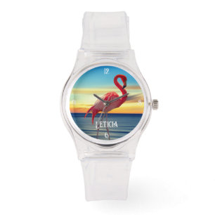 Pink Flamingo und Ocean Sunset Armbanduhr