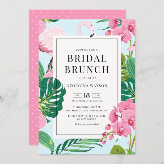 Pink Flamingo und Orchians Tropical Bridal Brunch Einladung (Vorne/Hinten)