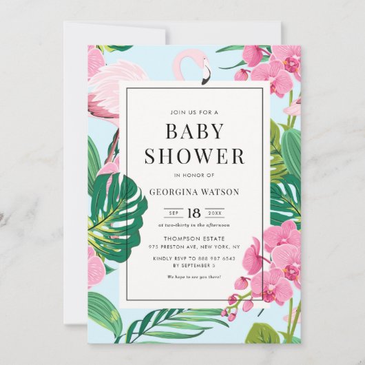 Pink Flamingo und Orchids Tropical Baby Dusche Einladung (Vorderseite)