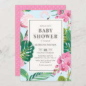 Pink Flamingo und Orchids Tropical Baby Dusche Einladung (Vorne/Hinten)