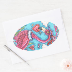 PINK FLAMINGO VALENTINE HERZEN, LIEBE VÖGEL WHIMSY OVALER AUFKLEBER