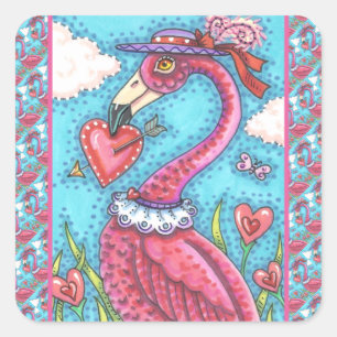 PINK FLAMINGO VALENTINE HERZEN, LIEBE VÖGEL WHIMSY QUADRATISCHER AUFKLEBER