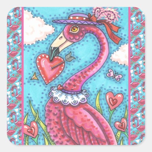 PINK FLAMINGO VALENTINE HERZEN, LIEBE VÖGEL WHIMSY QUADRATISCHER AUFKLEBER (Vorderseite)