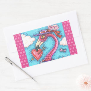 PINK FLAMINGO VALENTINE HERZEN, LIEBE VÖGEL WHIMSY RECHTECKIGER AUFKLEBER