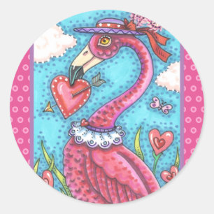 PINK FLAMINGO VALENTINE HERZEN, LIEBE VÖGEL WHIMSY RUNDER AUFKLEBER
