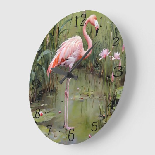 Pink Flamingo Water Lilies and Reeds Oil Painting, Große Wanduhr (Winkel)