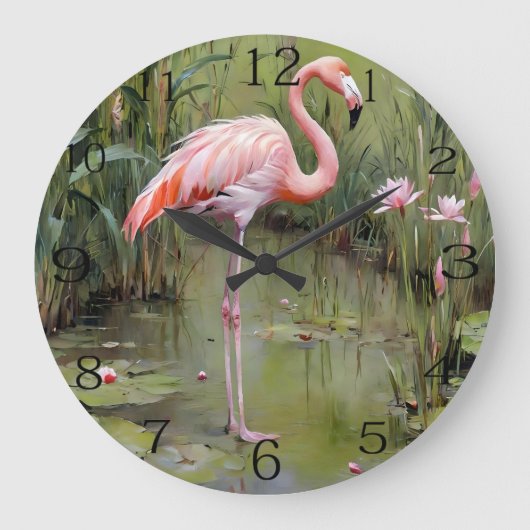 Pink Flamingo Water Lilies and Reeds Oil Painting, Große Wanduhr (Vorderseite)