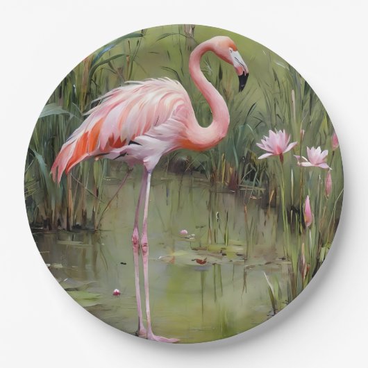 Pink Flamingo Water Lilies and Reeds Oil Painting, Pappteller (Vorderseite)