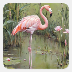 Pink Flamingo Water Lilies and Reeds Oil Painting, Quadratischer Aufkleber