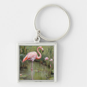 Pink Flamingo Water Lilies and Reeds Oil Painting, Schlüsselanhänger