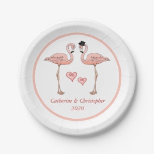 Pink Flamingo Wedding Bride Groom Hearts Love Bird Pappteller