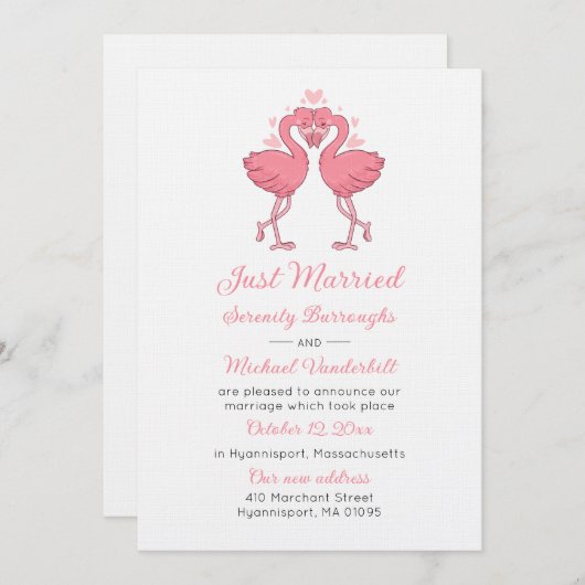 Pink Flamingo Wedding Just Married Announcement Einladung (Vorne/Hinten)