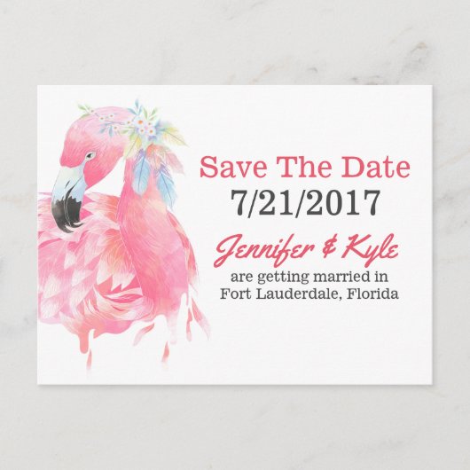 Pink Flamingo Wedding Save the Date Postcard Ankündigungspostkarte (Vorderseite)
