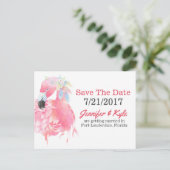 Pink Flamingo Wedding Save the Date Postcard Ankündigungspostkarte (Stehend Vorderseite)