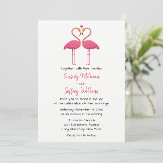 Pink Flamingo Wedding Tropical Summer Beach Einladung (Stehend Vorderseite)